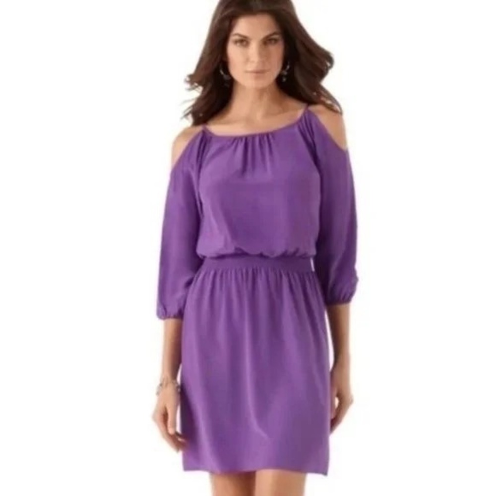 White House‎ Black Market Silk Cold Shoulder Purple Dress Small Sheath Midi